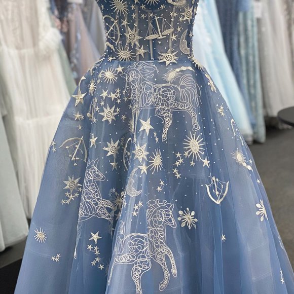 BLUE CONSTELLATION DREAM SWEETHEART EMBROIDERED TULLE BALLGOWN CORSET BACK A0890 - Picture 7 of 11
